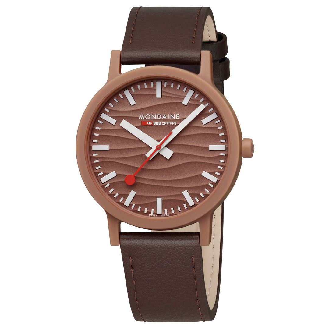 Mondaine Limited Edition Essence Mocha 41mm MS1.41170.LTV watch with textured wave dial and brown leather strap.