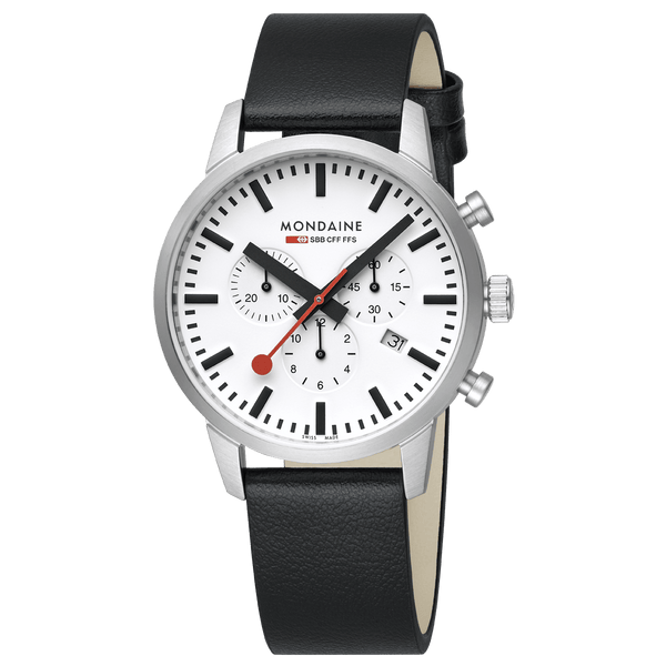 Sleek analog wristwatch with a white dial, chronograph subdials, and black leather strap.