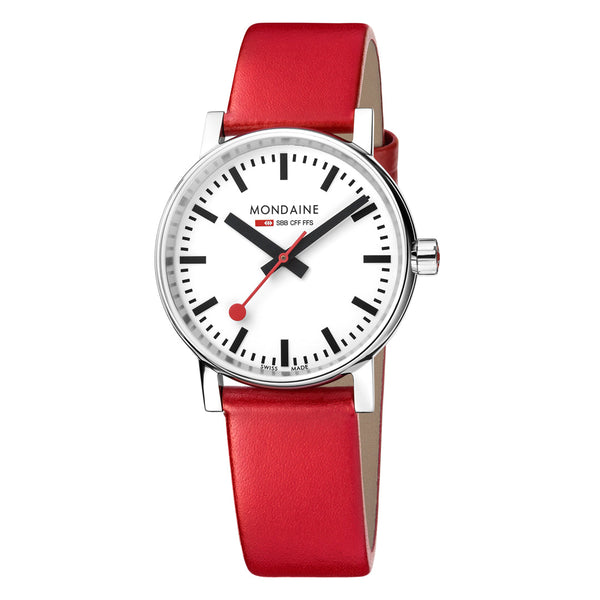 Wristwatch with a white face, silver case, and bright red leather strap.