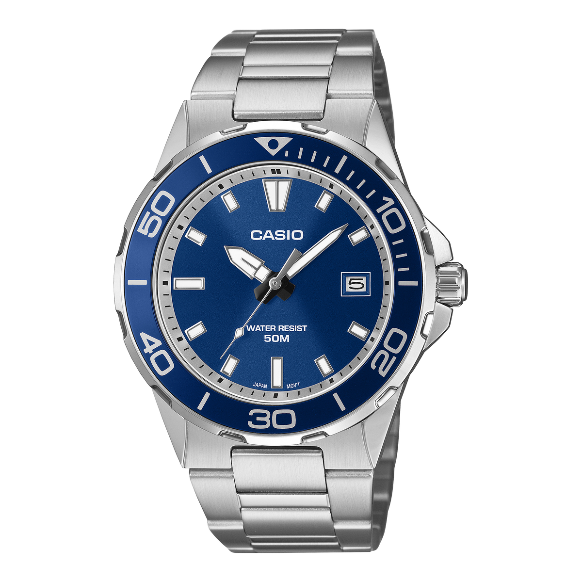 Casio MTD-145D-2A blue dial with aluminium bezel on a steel bracelet, shown straight on.
