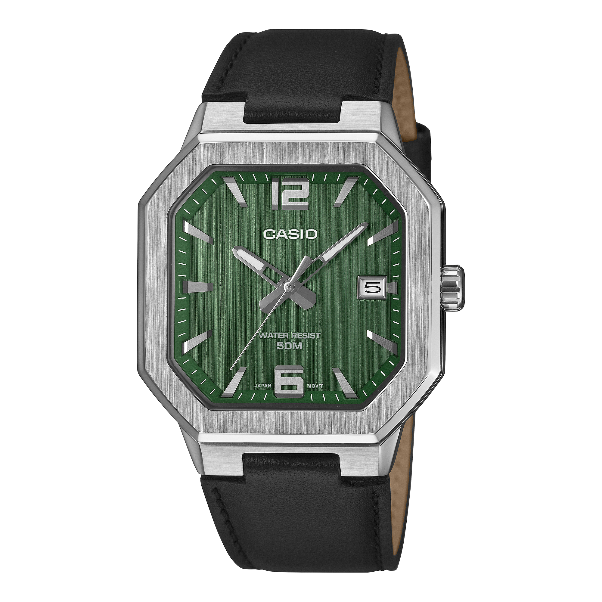 Casio Vintage Square Analog Green Dial Black Leather Band MTPB195L-3A