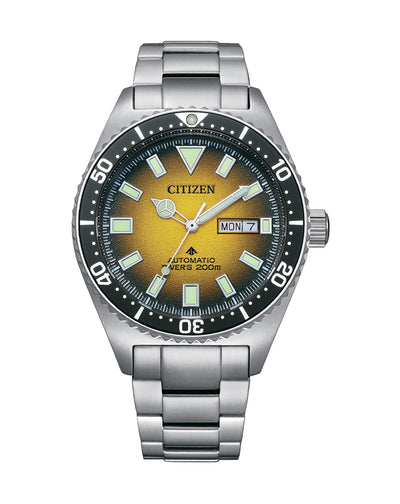 Citizen wristwatch with a yellow gradient dial and stainless steel bracelet.