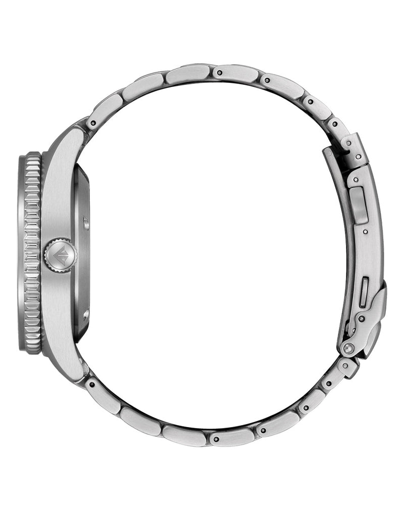 Stainless steel wristwatch with a circular face and metal link bracelet.