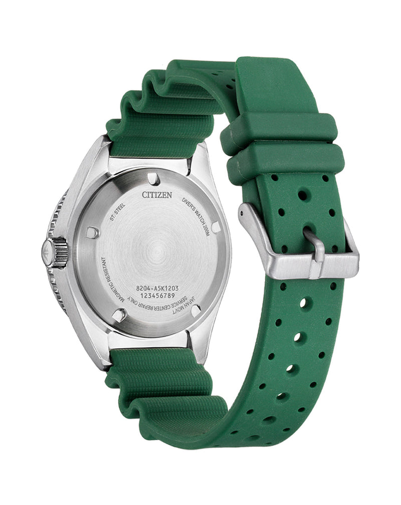 Wristwatch with a green rubber strap and silver-toned case back.