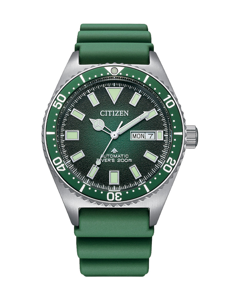 Green and silver Citizen wristwatch with a rotating bezel and rubber strap.