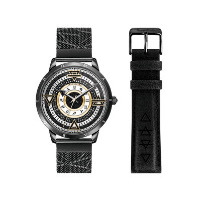 Stylish wristwatch with an intricate dial design and an additional black leather strap.