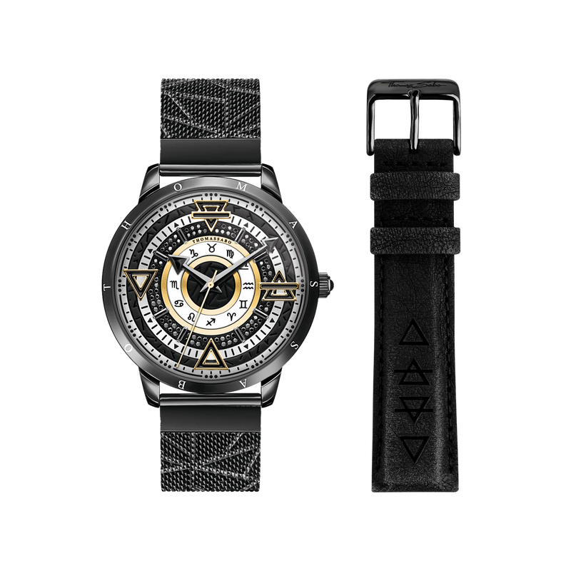 Stylish wristwatch with an intricate dial design and an additional black leather strap.