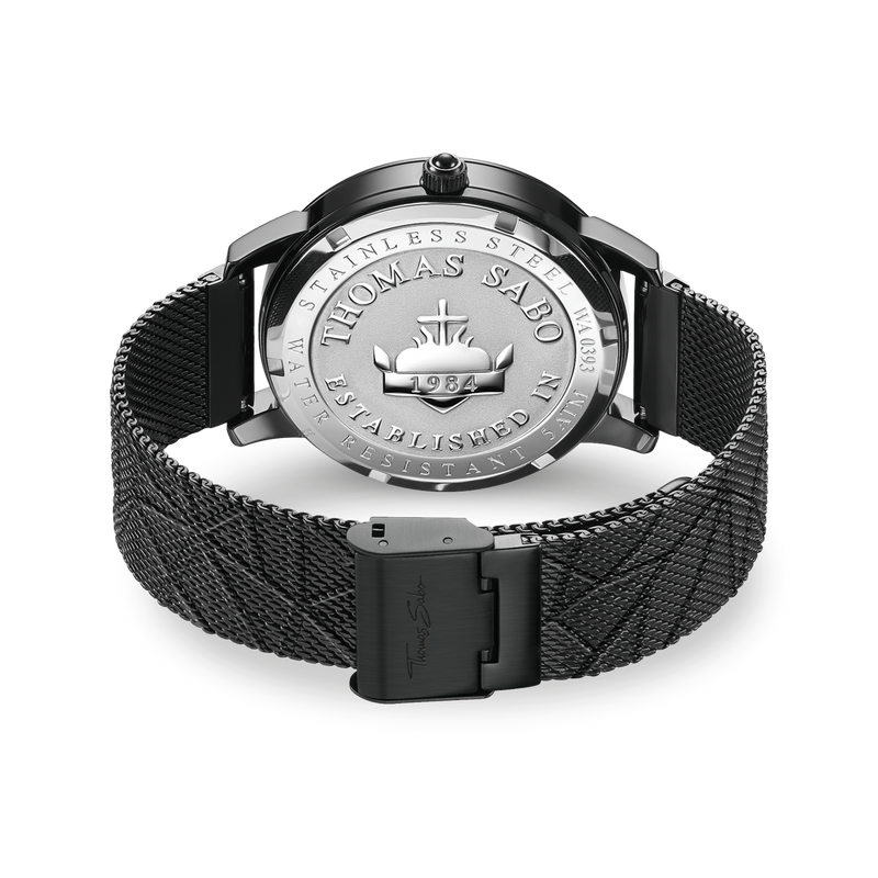 Wristwatch with a black mesh band and engraved metal caseback.