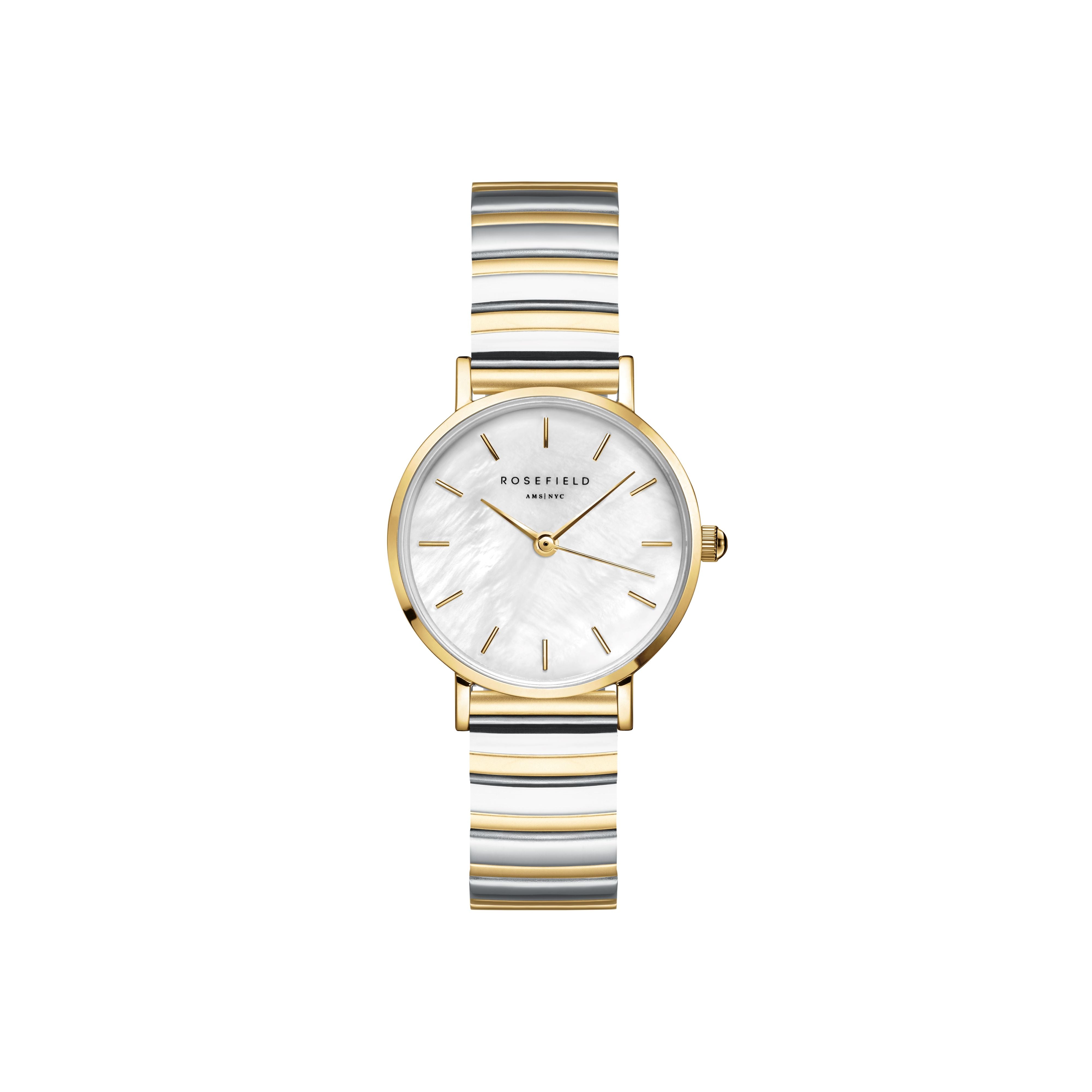 Rosefield  Small Edit White MOP Half-Moon Steel Duotone Watch SEWDSG-SE03