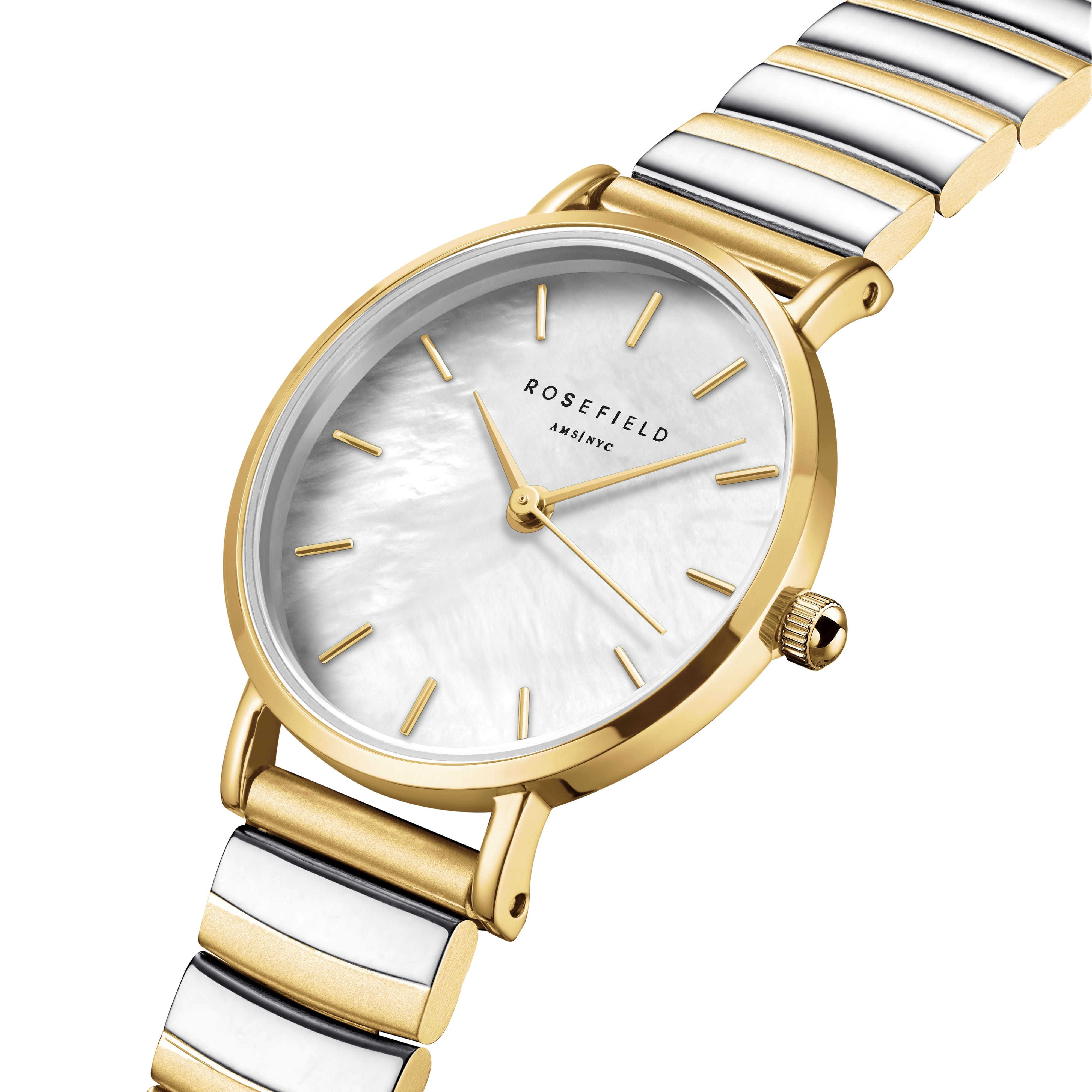 Rosefield  Small Edit White MOP Half-Moon Steel Duotone Watch SEWDSG-SE03