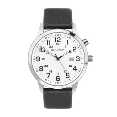 Analog wristwatch with a white dial, black leather strap, and silver case.