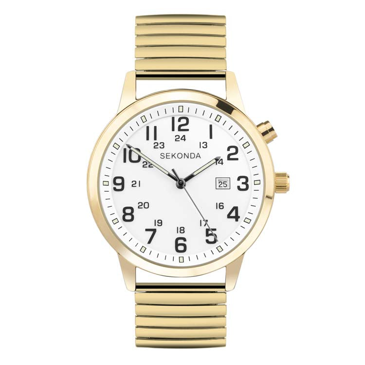 Gold-toned wristwatch with a white face and expandable metal band.