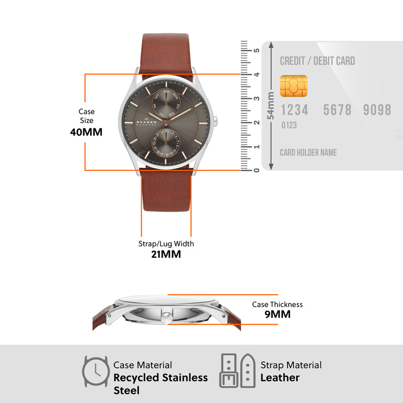 Wristwatch with a brown leather strap and circular gray dial face.