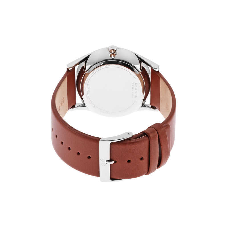 Wristwatch with a brown leather strap and silver-toned case.