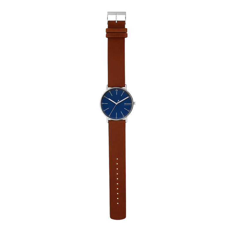 Skagen Men's Signatur Blue Dial Watch with Quick-Release Brown Leather Strap SKW6355