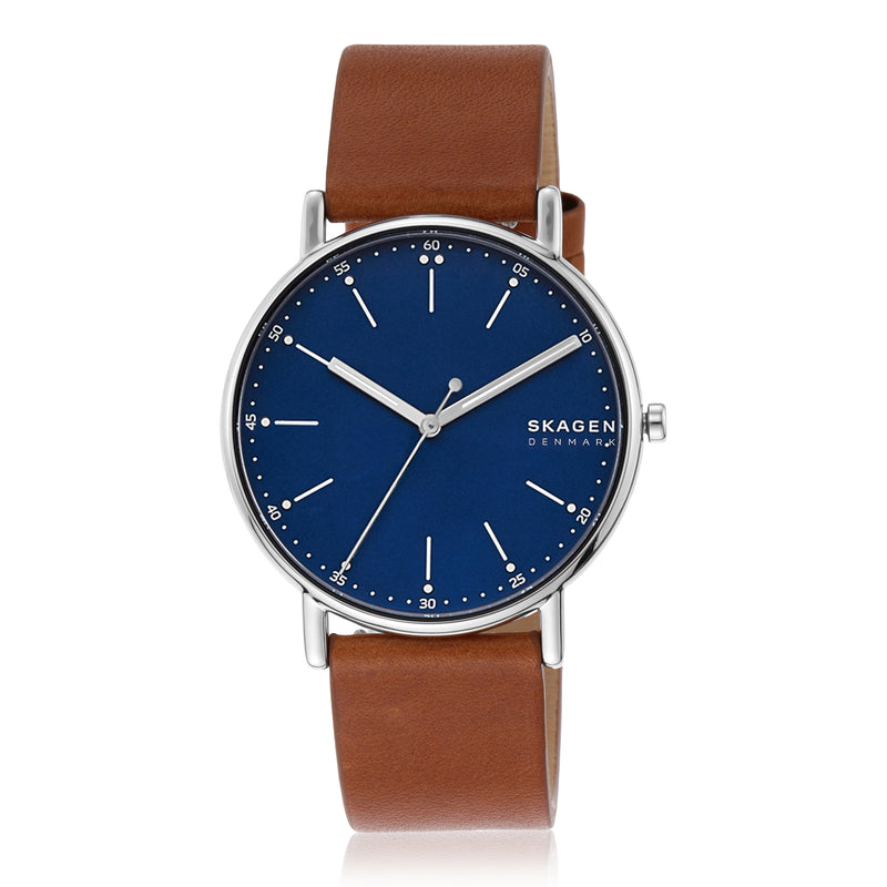 Skagen Men's Signatur Blue Dial Watch with Quick-Release Brown Leather Strap SKW6355