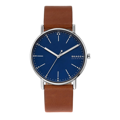 Skagen Men's Signatur Blue Dial Watch with Quick-Release Brown Leather Strap SKW6355