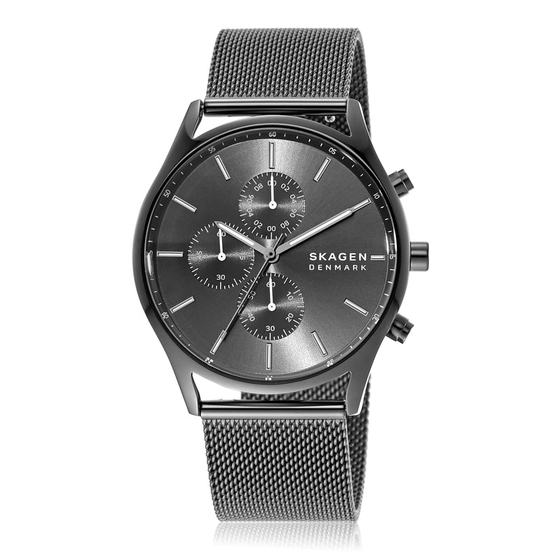 Sophisticated Skagen Holst Chronograph Watch SKW6608 in Gunmetal Steel-Mesh with 30M Water Resistance