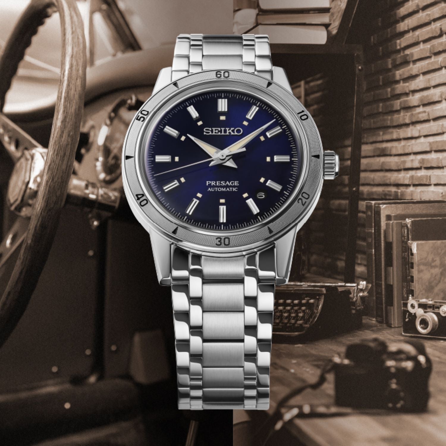 Seiko Presage Vintage-Inspired Steel Watch with Engraved Bezel SRPL07J