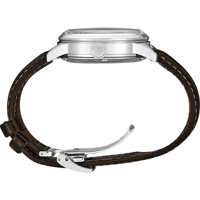 Wristwatch with a silver case and brown leather strap.
