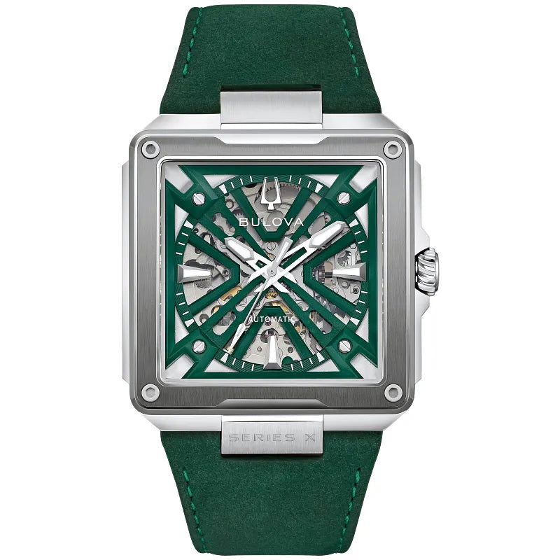 Bulova Series X 98A343 automatic men's watch with hunter green skeleton dial, green bezel insert and green suede strap — front view