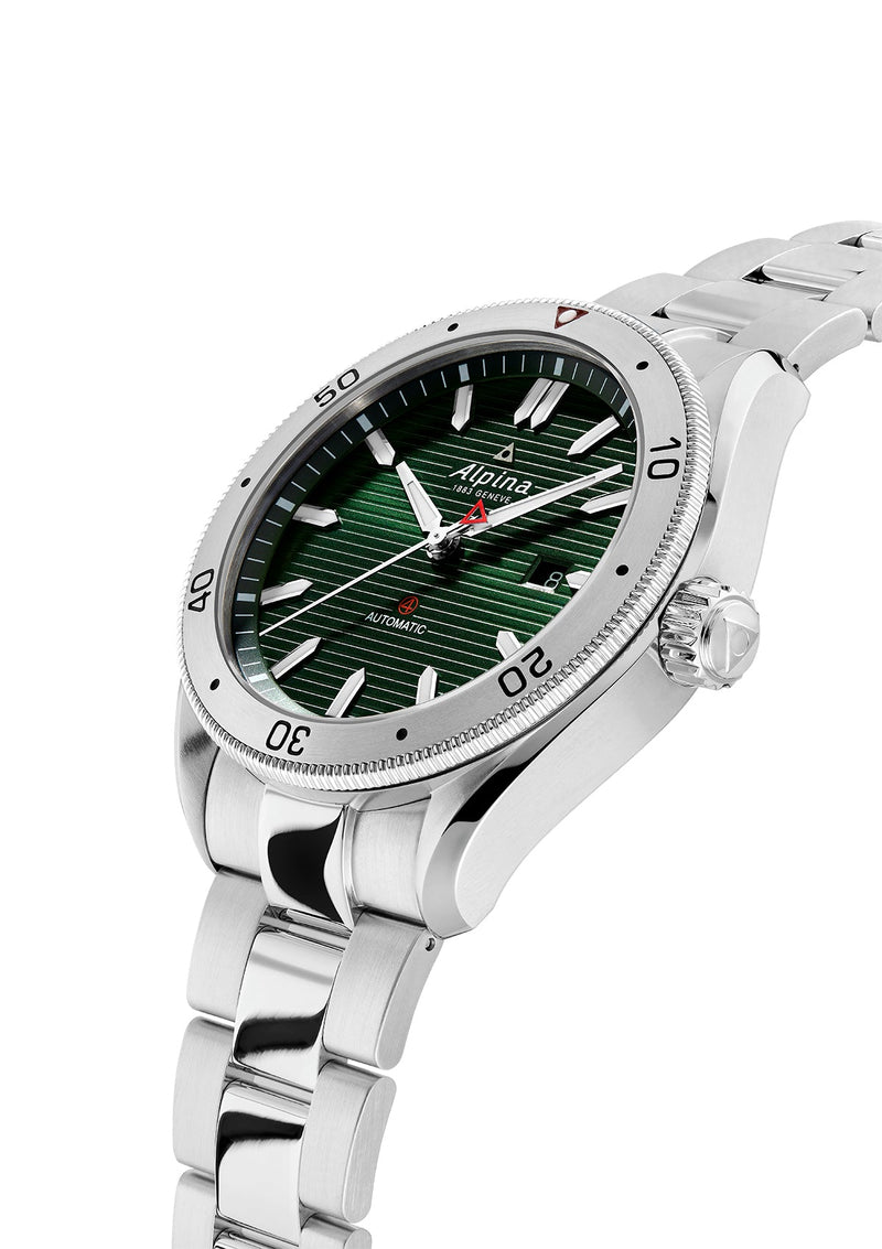 Stainless steel wristwatch with a green dial and rotating bezel.