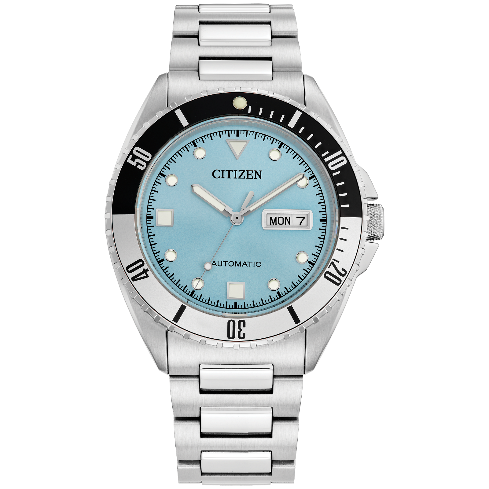 Stainless steel Citizen automatic watch with a light blue dial and black bezel.