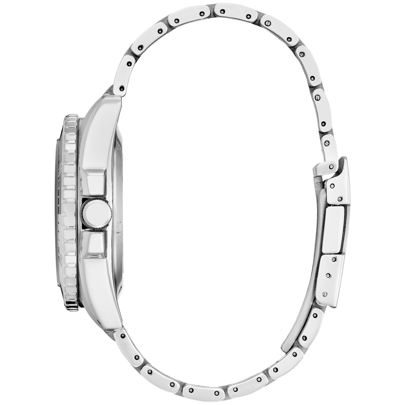Stainless steel wristwatch with a circular face and metal link bracelet.
