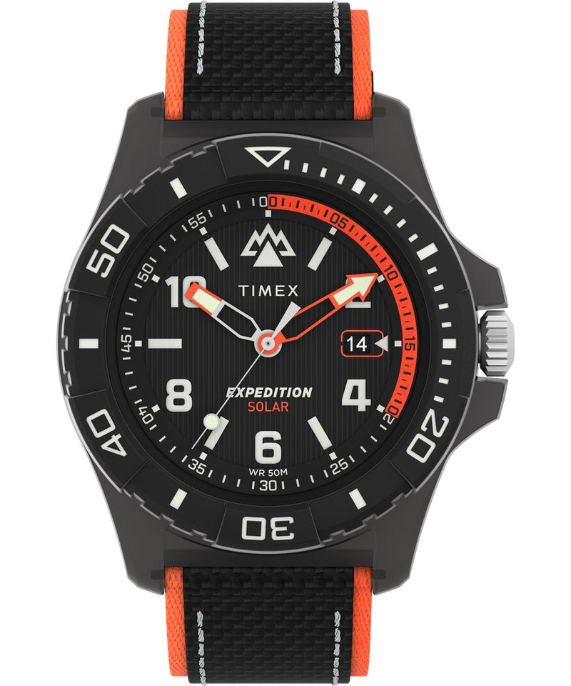 Sporty black and orange wristwatch with a fabric strap.