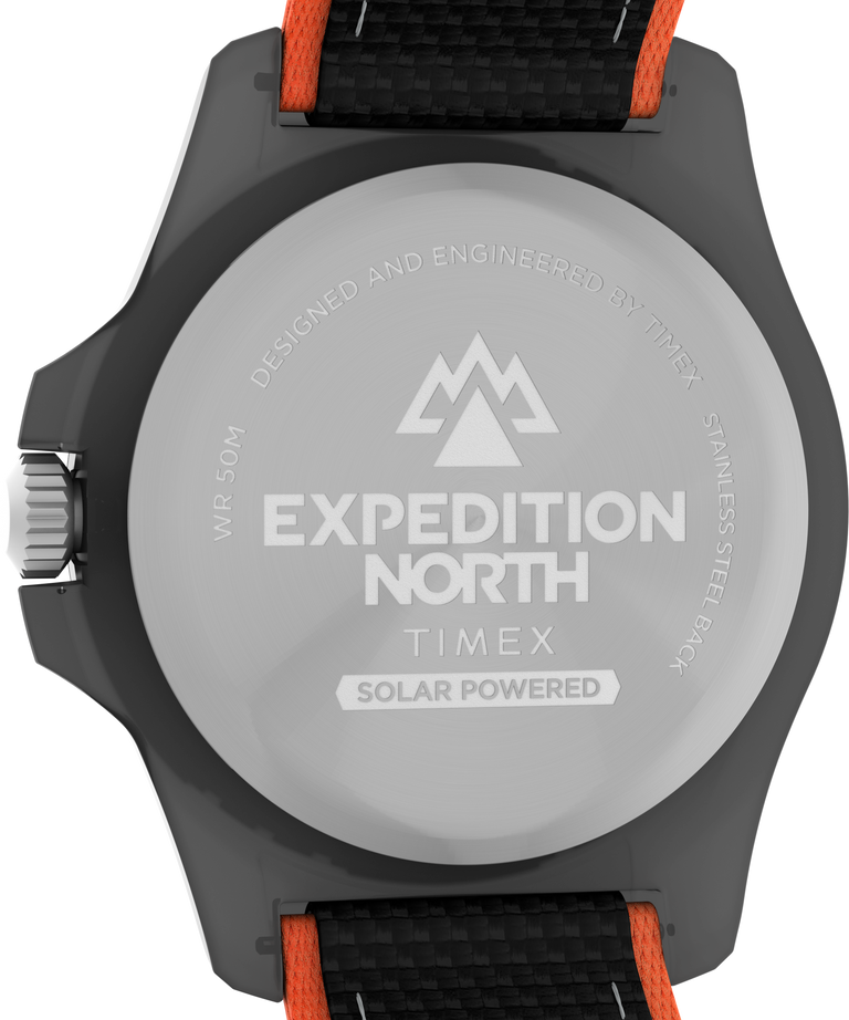 Solar-powered wristwatch with ’Expedition North’ branding on its caseback.