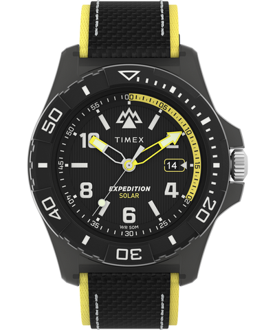 Sporty black wristwatch with yellow accents and a fabric strap.