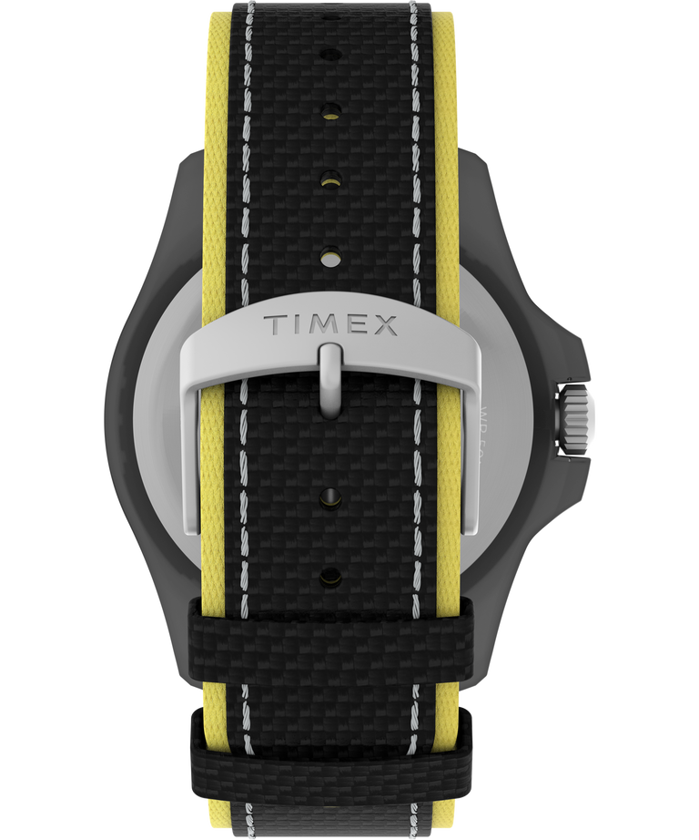 Wristwatch with a black and yellow fabric strap and a Timex-branded buckle.