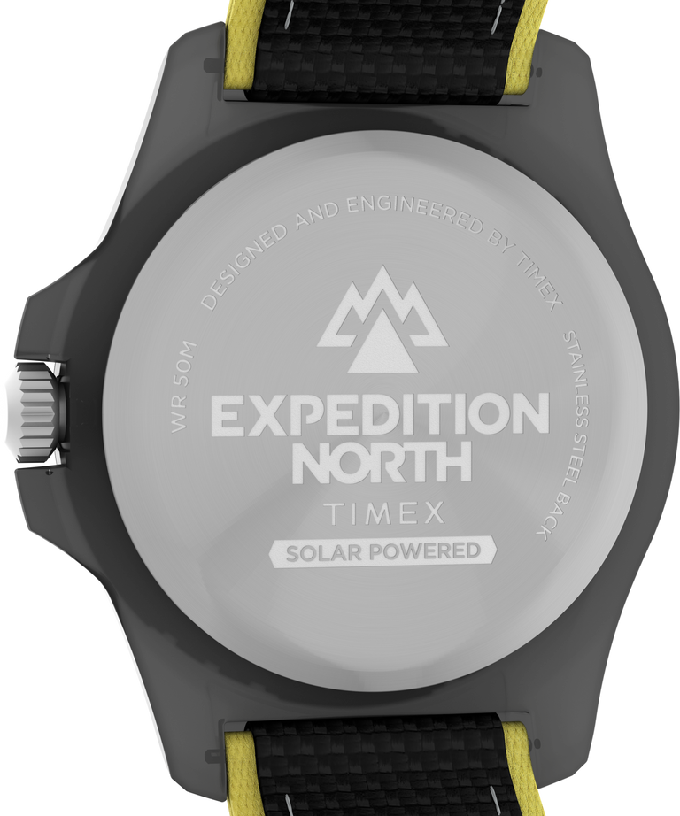 Solar-powered wristwatch with ’Expedition North’ branding on its back.