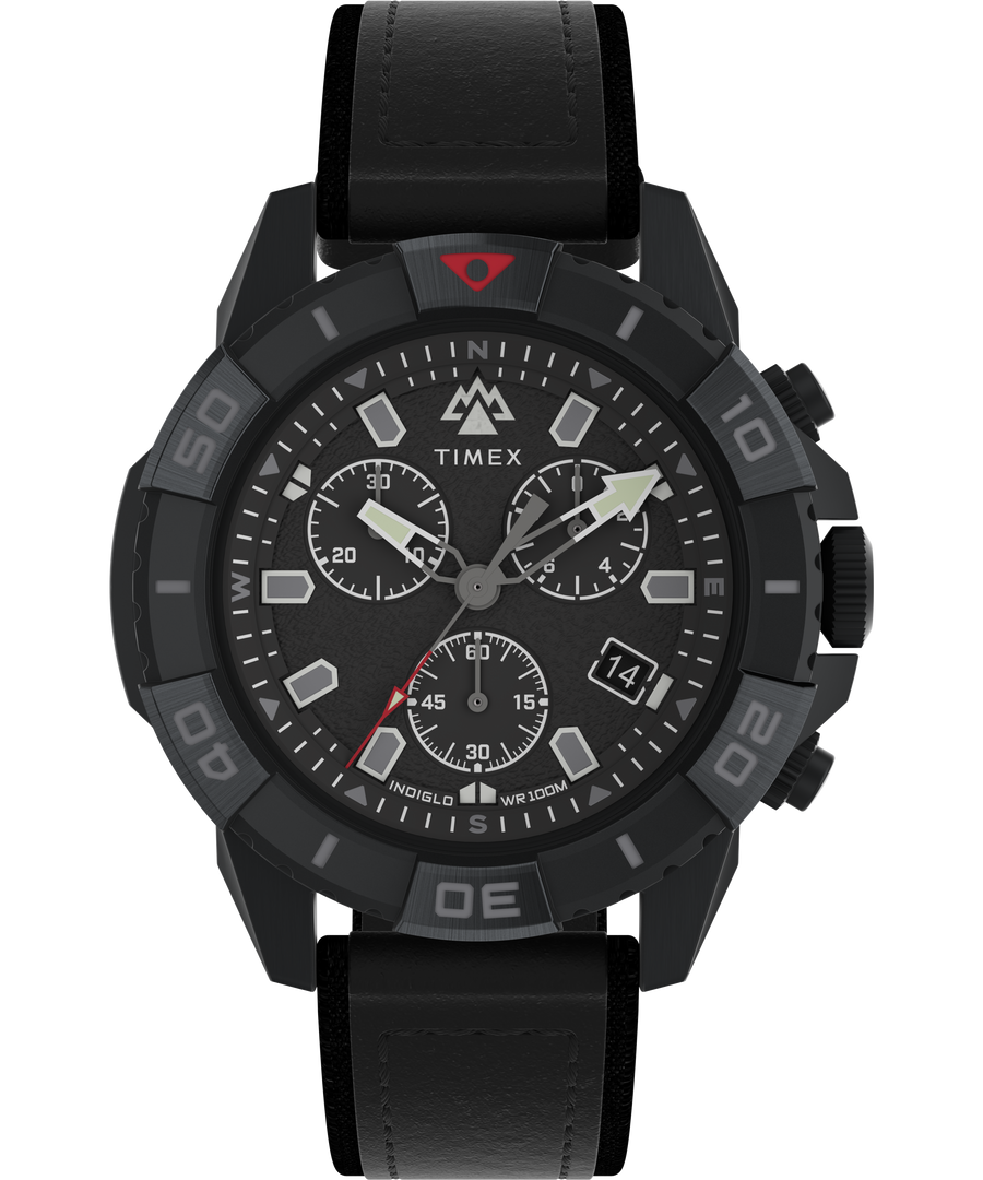 Black sports chronograph wristwatch with a rubber strap.