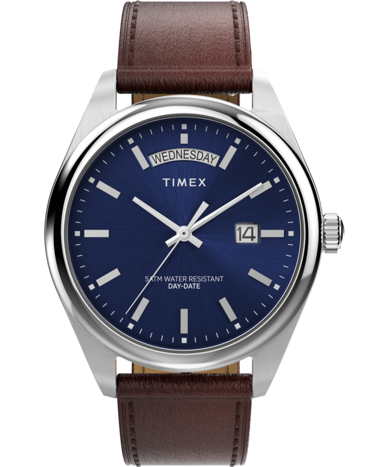 Timex Legacy Quartz Blue Dial Day-Date Leather Band Watch TW2W57200