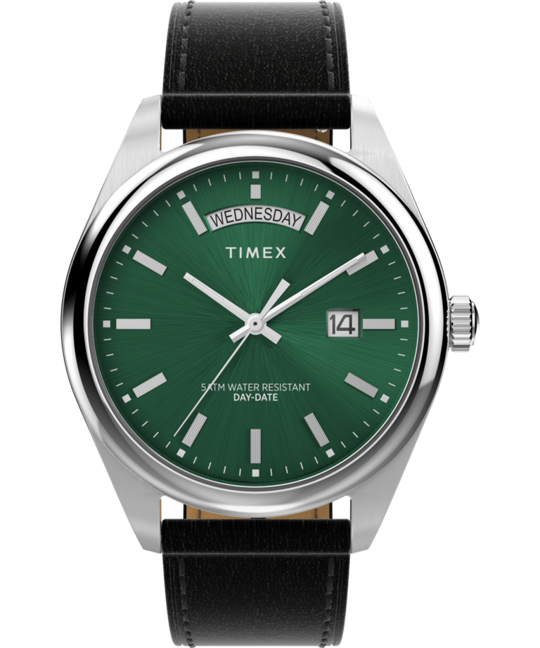 Timex Legacy Quartz Green Dial Day-Date Leather Band Watch TW2W57300