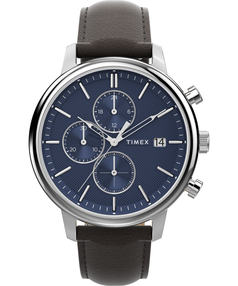Timex Chicago Chrono 45mm Silver Tone Blue Dial Brown Leather Strap TW2W76200