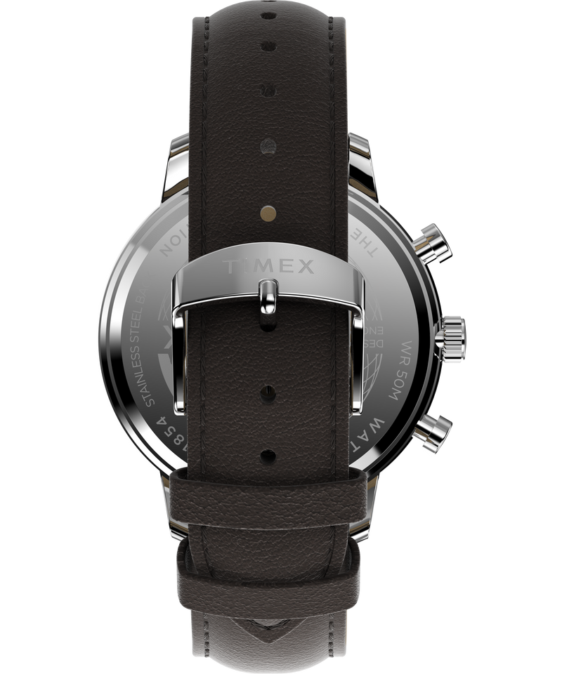 Timex Chicago Chrono 45mm Silver Tone Blue Dial Brown Leather Strap TW2W76200
