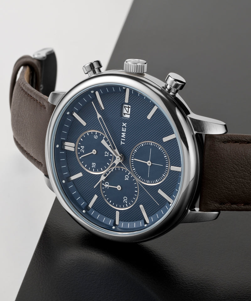 Timex Chicago Chrono 45mm Silver Tone Blue Dial Brown Leather Strap TW2W76200