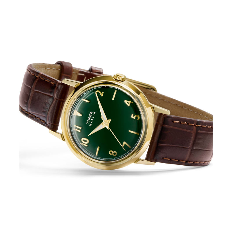 Timex Marlin Quartz Green Dial 34mm Leather Strap Watch TW2Y37800