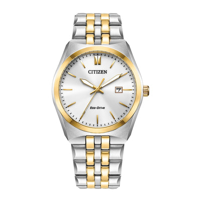 Citizen wristwatch with a two-tone silver and gold metal band and white dial face.