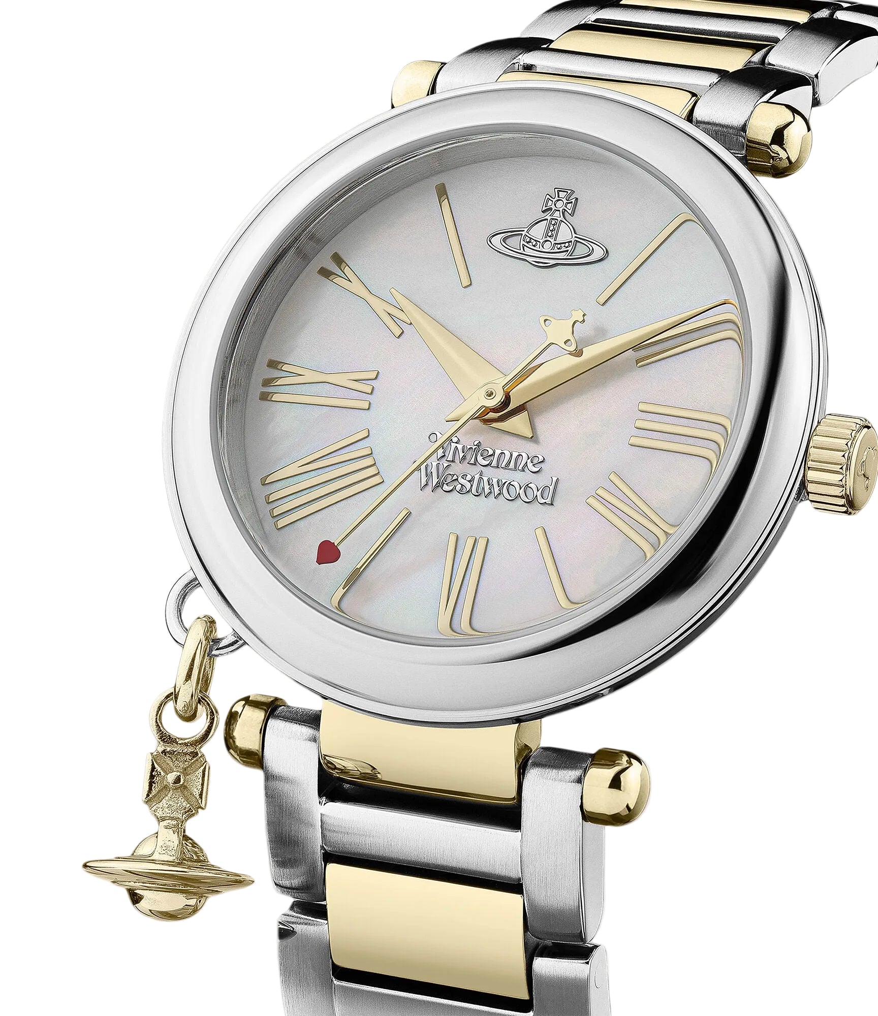 Vivienne Westwood Mother Orb women's watch with a mother of pearl dial and two tone stainless steel bracelet. Side profile view.