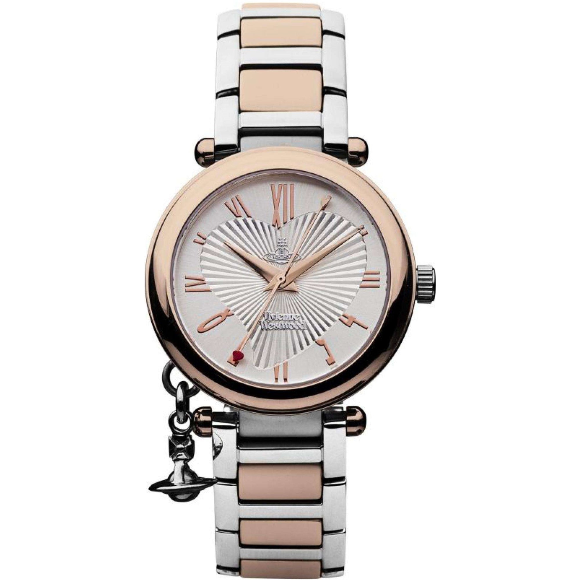 Vivienne Westwood Orb women's watch with a silver dial and two tone stainless steel bracelet.
