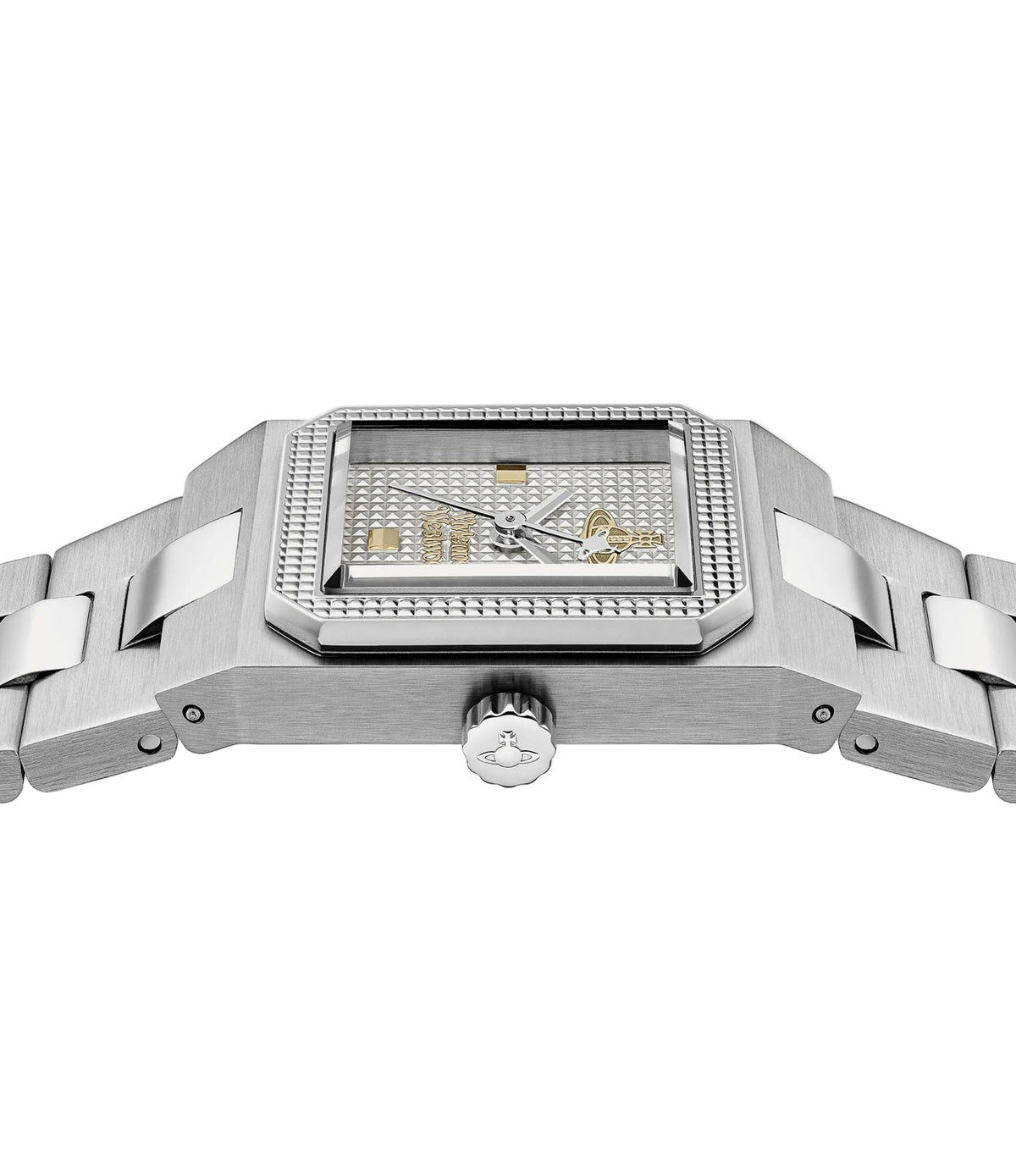Vivienne Westwood The Brunswick women's watch with a grey dial and silver stainless steel bracelet. Clasp and case back detail.