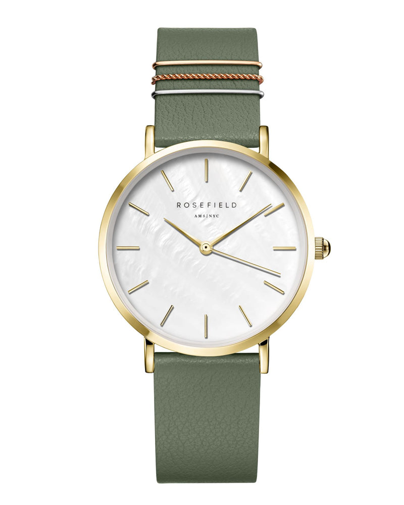 Rosefield The West Village MOP Fresh Olive Green Gold Watch WFGG-W85