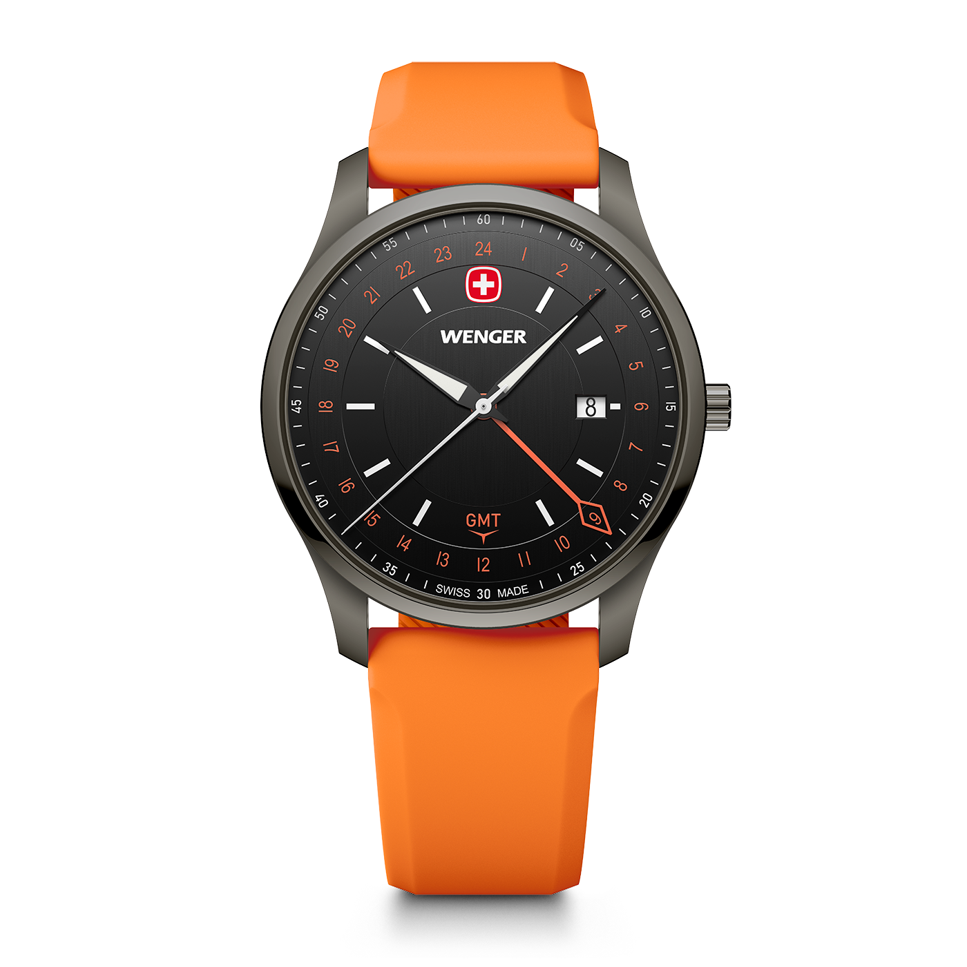 Wenger City GMT 42 01.1442.104 front view with black dial, orange strap and 24-hour GMT hand