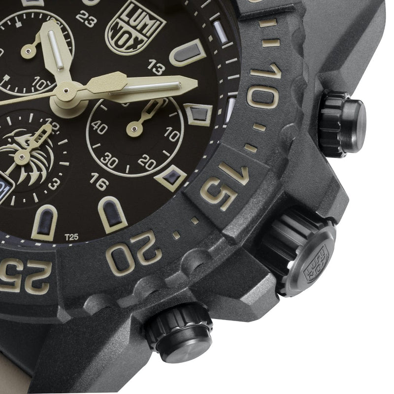 Rugged black chronograph wristwatch with luminous hands and markers.