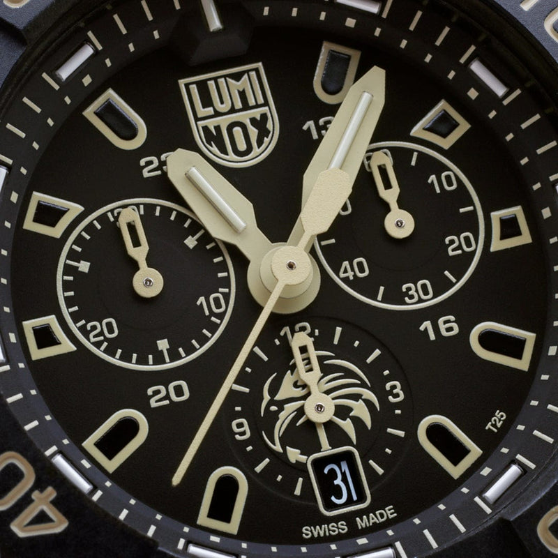 Close-up view of a Luminox watch face with multiple dials and luminous markings.