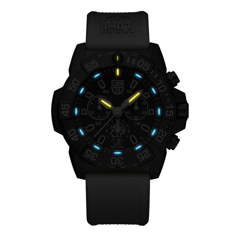 Black tactical wristwatch with luminous markings on the dial.