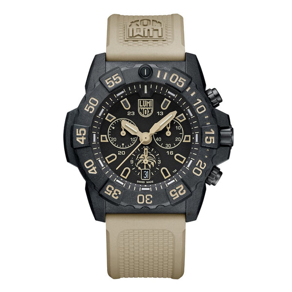 Rugged sports watch with a black face and beige strap.